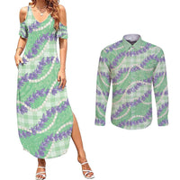 Pastel Green Hawaii Palaka Honohono Pikake Couples Matching Summer Maxi Dress and Long Sleeve Button Shirt Hawaiian Orchid Lei Polynesian Pattern LT14 Pastel Green - Polynesian Pride