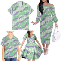 Pastel Green Hawaii Palaka Honohono Pikake Family Matching Off The Shoulder Long Sleeve Dress and Hawaiian Shirt Hawaiian Orchid Lei Polynesian Pattern LT14 - Polynesian Pride