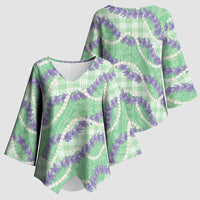 Pastel Green Hawaii Palaka Honohono Pikake Kimono Sleeve Blouse Hawaiian Orchid Lei Polynesian Pattern - Polynesian Pride