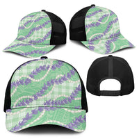 Pastel Green Hawaii Palaka Honohono Pikake Mesh Trucker Cap Hawaiian Orchid Lei Polynesian Pattern - Polynesian Pride