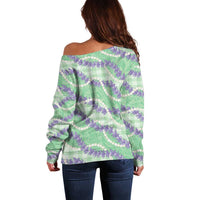 Pastel Green Hawaii Palaka Honohono Pikake Off Shoulder Sweater Hawaiian Orchid Lei Polynesian Pattern - Polynesian Pride