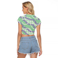 Pastel Green Hawaii Palaka Honohono Pikake Raglan Cropped T Shirt Hawaiian Orchid Lei Polynesian Pattern LT14 - Polynesian Pride