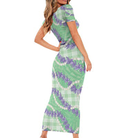 Pastel Green Hawaii Palaka Honohono Pikake Short Sleeve Bodycon Dress Hawaiian Orchid Lei Polynesian Pattern - Polynesian Pride