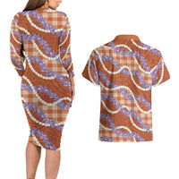 Orange Hawaii Palaka Honohono Pikake Couples Matching Long Sleeve Bodycon Dress and Hawaiian Shirt Hawaiian Orchid Lei Polynesian Pattern - Polynesian Pride