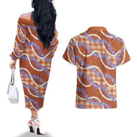 Orange Hawaii Palaka Honohono Pikake Couples Matching Off The Shoulder Long Sleeve Dress and Hawaiian Shirt Hawaiian Orchid Lei Polynesian Pattern - Polynesian Pride