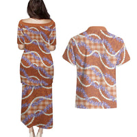 Orange Hawaii Palaka Honohono Pikake Couples Matching Puletasi and Hawaiian Shirt Hawaiian Orchid Lei Polynesian Pattern LT14 - Polynesian Pride