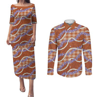 Orange Hawaii Palaka Honohono Pikake Couples Matching Puletasi and Long Sleeve Button Shirt Hawaiian Orchid Lei Polynesian Pattern LT14 Orange - Polynesian Pride