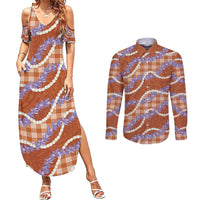 Orange Hawaii Palaka Honohono Pikake Couples Matching Summer Maxi Dress and Long Sleeve Button Shirt Hawaiian Orchid Lei Polynesian Pattern LT14 Orange - Polynesian Pride