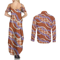 Orange Hawaii Palaka Honohono Pikake Couples Matching Summer Maxi Dress and Long Sleeve Button Shirt Hawaiian Orchid Lei Polynesian Pattern LT14 - Polynesian Pride