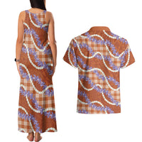 Orange Hawaii Palaka Honohono Pikake Couples Matching Tank Maxi Dress and Hawaiian Shirt Hawaiian Orchid Lei Polynesian Pattern - Polynesian Pride