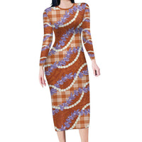 Orange Hawaii Palaka Honohono Pikake Long Sleeve Bodycon Dress Hawaiian Orchid Lei Polynesian Pattern - Polynesian Pride