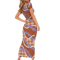 Orange Hawaii Palaka Honohono Pikake Short Sleeve Bodycon Dress Hawaiian Orchid Lei Polynesian Pattern - Polynesian Pride
