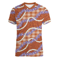 Orange Hawaii Palaka Honohono Pikake Women V-Neck T-Shirt Hawaiian Orchid Lei Polynesian Pattern LT14 Female Orange - Polynesian Pride