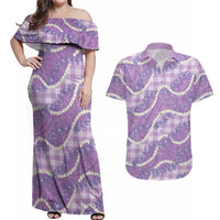 Purple Hawaii Palaka Honohono Pikake Couples Matching Off Shoulder Maxi Dress and Hawaiian Shirt Hawaiian Orchid Lei Polynesian Pattern - Polynesian Pride