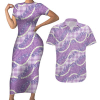 Purple Hawaii Palaka Honohono Pikake Couples Matching Short Sleeve Bodycon Dress and Hawaiian Shirt Hawaiian Orchid Lei Polynesian Pattern - Polynesian Pride