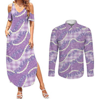Purple Hawaii Palaka Honohono Pikake Couples Matching Summer Maxi Dress and Long Sleeve Button Shirt Hawaiian Orchid Lei Polynesian Pattern LT14 Purple - Polynesian Pride