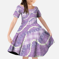 Purple Hawaii Palaka Honohono Pikake Family Matching Off Shoulder Short Dress and Hawaiian Shirt Hawaiian Orchid Lei Polynesian Pattern LT14 Daughter's Dress Purple - Polynesian Pride