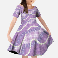 Purple Hawaii Palaka Honohono Pikake Family Matching Short Sleeve Bodycon Dress and Hawaiian Shirt Hawaiian Orchid Lei Polynesian Pattern LT14 Daughter's Dress Purple - Polynesian Pride