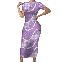 Purple Hawaii Palaka Honohono Pikake Short Sleeve Bodycon Dress Hawaiian Orchid Lei Polynesian Pattern LT14 Long Dress Purple - Polynesian Pride