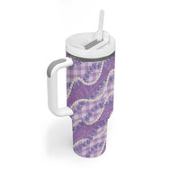 Purple Hawaii Palaka Honohono Pikake Tumbler With Handle Hawaiian Orchid Lei Polynesian Pattern - Polynesian Pride