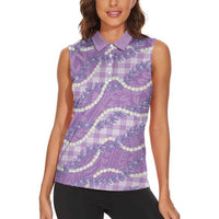 Purple Hawaii Palaka Honohono Pikake Women Sleeveless Polo Shirt Hawaiian Orchid Lei Polynesian Pattern - Polynesian Pride
