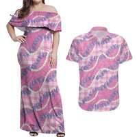 Pink Hawaii Palaka Honohono Pikake Couples Matching Off Shoulder Maxi Dress and Hawaiian Shirt Hawaiian Orchid Lei Polynesian Pattern - Polynesian Pride