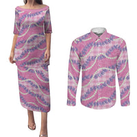 Pink Hawaii Palaka Honohono Pikake Couples Matching Puletasi and Long Sleeve Button Shirt Hawaiian Orchid Lei Polynesian Pattern LT14 Pink - Polynesian Pride