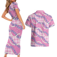 Pink Hawaii Palaka Honohono Pikake Couples Matching Short Sleeve Bodycon Dress and Hawaiian Shirt Hawaiian Orchid Lei Polynesian Pattern - Polynesian Pride