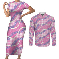 Pink Hawaii Palaka Honohono Pikake Couples Matching Short Sleeve Bodycon Dress and Long Sleeve Button Shirt Hawaiian Orchid Lei Polynesian Pattern - Polynesian Pride