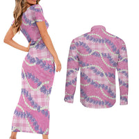 Pink Hawaii Palaka Honohono Pikake Couples Matching Short Sleeve Bodycon Dress and Long Sleeve Button Shirt Hawaiian Orchid Lei Polynesian Pattern - Polynesian Pride