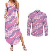 Pink Hawaii Palaka Honohono Pikake Couples Matching Summer Maxi Dress and Long Sleeve Button Shirt Hawaiian Orchid Lei Polynesian Pattern LT14 Pink - Polynesian Pride