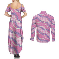 Pink Hawaii Palaka Honohono Pikake Couples Matching Summer Maxi Dress and Long Sleeve Button Shirt Hawaiian Orchid Lei Polynesian Pattern LT14 - Polynesian Pride