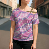 Pink Hawaii Palaka Honohono Pikake Cross Shoulder Shirt Hawaiian Orchid Lei Polynesian Pattern - Polynesian Pride