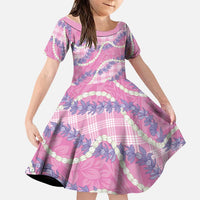 Pink Hawaii Palaka Honohono Pikake Family Matching Off Shoulder Short Dress and Hawaiian Shirt Hawaiian Orchid Lei Polynesian Pattern LT14 Daughter's Dress Pink - Polynesian Pride