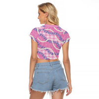 Pink Hawaii Palaka Honohono Pikake Raglan Cropped T Shirt Hawaiian Orchid Lei Polynesian Pattern LT14 - Polynesian Pride