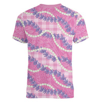 Pink Hawaii Palaka Honohono Pikake Women V-Neck T-Shirt Hawaiian Orchid Lei Polynesian Pattern - Polynesian Pride