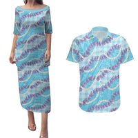 Blue Hawaii Palaka Honohono Pikake Couples Matching Puletasi and Hawaiian Shirt Hawaiian Orchid Lei Polynesian Pattern LT14 Blue - Polynesian Pride