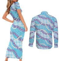 Blue Hawaii Palaka Honohono Pikake Couples Matching Short Sleeve Bodycon Dress and Long Sleeve Button Shirt Hawaiian Orchid Lei Polynesian Pattern - Polynesian Pride