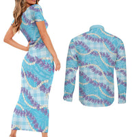Blue Hawaii Palaka Honohono Pikake Couples Matching Short Sleeve Bodycon Dress and Long Sleeve Button Shirt Hawaiian Orchid Lei Polynesian Pattern LT14 - Polynesian Pride