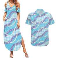 Blue Hawaii Palaka Honohono Pikake Couples Matching Summer Maxi Dress and Hawaiian Shirt Hawaiian Orchid Lei Polynesian Pattern LT14 Blue - Polynesian Pride