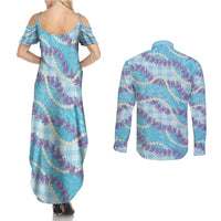 Blue Hawaii Palaka Honohono Pikake Couples Matching Summer Maxi Dress and Long Sleeve Button Shirt Hawaiian Orchid Lei Polynesian Pattern - Polynesian Pride