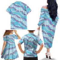 Blue Hawaii Palaka Honohono Pikake Family Matching Off The Shoulder Long Sleeve Dress and Hawaiian Shirt Hawaiian Orchid Lei Polynesian Pattern LT14 - Polynesian Pride