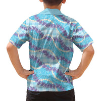 Blue Hawaii Palaka Honohono Pikake Family Matching Off Shoulder Short Dress and Hawaiian Shirt Hawaiian Orchid Lei Polynesian Pattern - Polynesian Pride