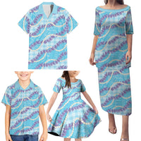 Blue Hawaii Palaka Honohono Pikake Family Matching Puletasi and Hawaiian Shirt Hawaiian Orchid Lei Polynesian Pattern - Polynesian Pride