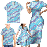 Blue Hawaii Palaka Honohono Pikake Family Matching Short Sleeve Bodycon Dress and Hawaiian Shirt Hawaiian Orchid Lei Polynesian Pattern - Polynesian Pride