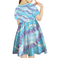 Blue Hawaii Palaka Honohono Pikake Kid Short Sleeve Dress Hawaiian Orchid Lei Polynesian Pattern - Polynesian Pride