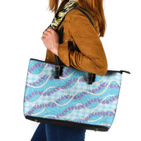 Blue Hawaii Palaka Honohono Pikake Leather Tote Bag Hawaiian Orchid Lei Polynesian Pattern - Polynesian Pride