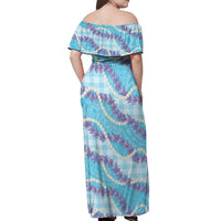 Blue Hawaii Palaka Honohono Pikake Off Shoulder Maxi Dress Hawaiian Orchid Lei Polynesian Pattern - Polynesian Pride