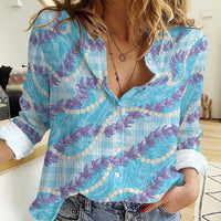 Blue Hawaii Palaka Honohono Pikake Women Casual Shirt Hawaiian Orchid Lei Polynesian Pattern - Polynesian Pride