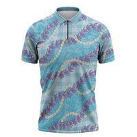 Blue Hawaii Palaka Honohono Pikake Zipper Polo Shirt Hawaiian Orchid Lei Polynesian Pattern - Polynesian Pride